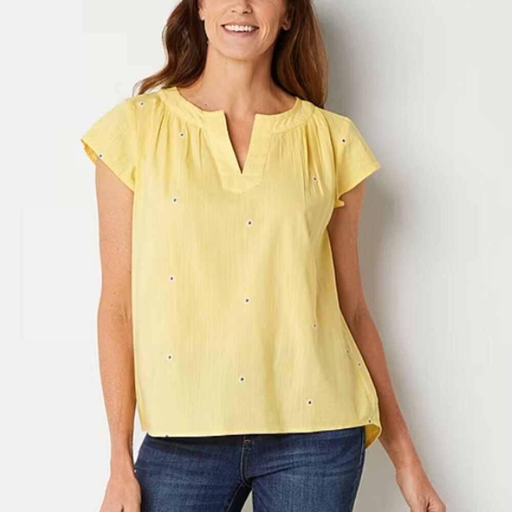 St John's Bay NWT butter yellow embroidered relaxed fit blouse XL